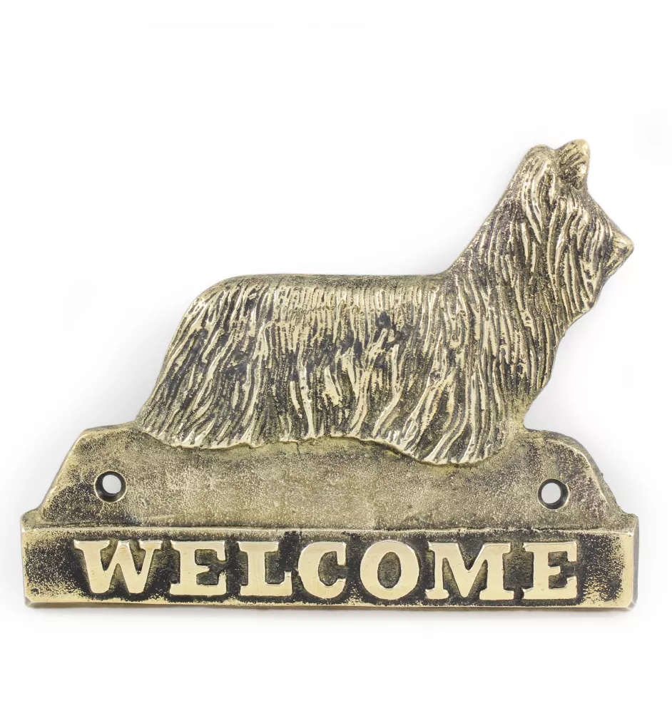 Silky Terrier - a door sign with a dog, a brass welcome plaque, a unique sign with the inscription Welcome from the Art-Dog brand
