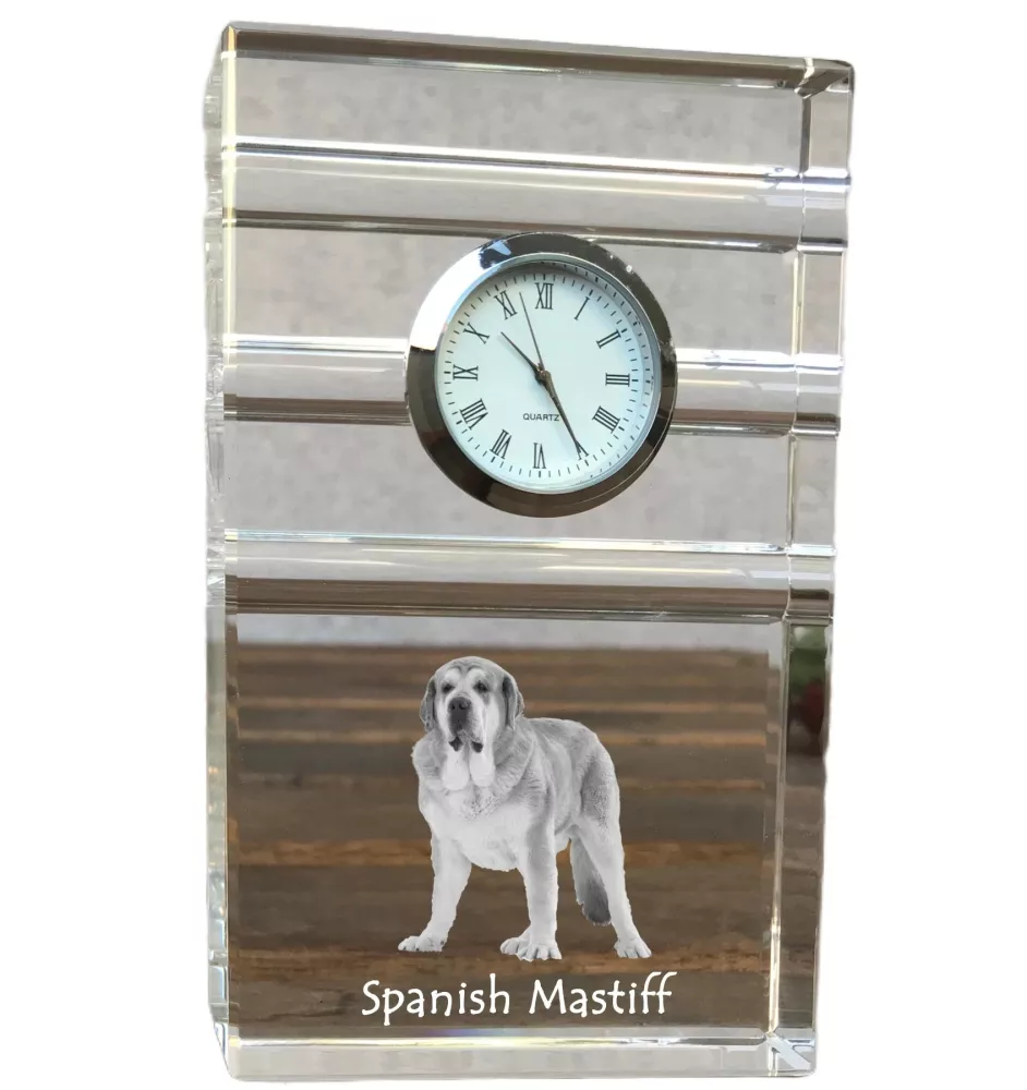 Mâtin espagnol, Mastin Leones - une horloge en verre avec une photo, une photo de chien dans un cristal, une horloge de bureau personnalisée de la marque Art-Dog