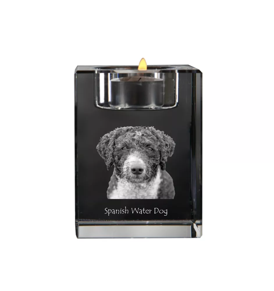Spanish Water Dog - Candle holder with dog photo, crystal tealight holder, personalised gift by Art-Dog brand