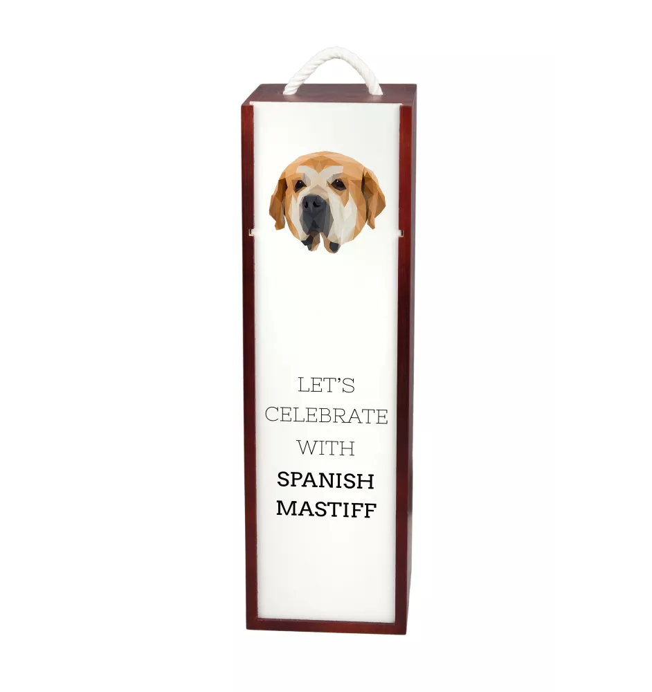 Mâtin espagnol, Mastin Leones - une boîte géométrique avec une photo et un texte pour le vin de la marque Art-Dog