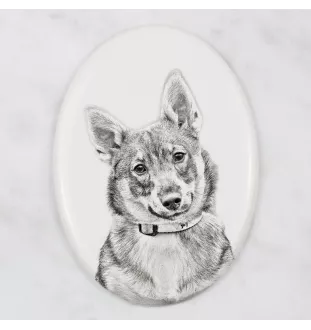 Schwedischer Vallhund, Västgötaspets, Westgotenspitz - Gedenktafel mit einem Foto eines Hundes, Grabplatte mit Druck, personalisierte ovale Platte der Marke Art-Dog