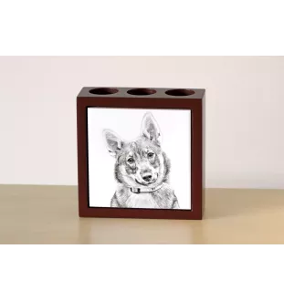 Schwedischer Vallhund, Västgötaspets, Westgotenspitz - Stifthalter mit Hund, Schreibtischorganizer mit Aufdruck, personalisierte Schreibtischdekoration der Marke Art-Dog