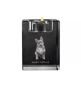 Schwedischer Vallhund, Västgötaspets, Westgotenspitz - Kerzenhalter mit Hundefoto, Teelichthalter aus Kristall, personalisiertes Geschenk der Marke Art-Dog