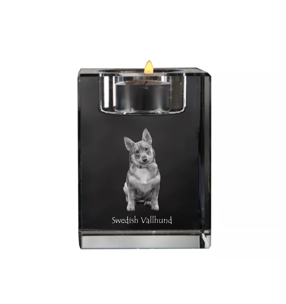 Vallhund suédois, Spitz des Wisigoths, Spitz des Visigoths - Bougeoir avec photo de chien, porte bougie en cristal, cadeau personnalisé par la marque Art-Dog