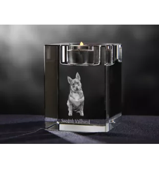 Schwedischer Vallhund, Västgötaspets, Westgotenspitz - Kerzenhalter mit Hundefoto, Teelichthalter aus Kristall, personalisiertes Geschenk der Marke Art-Dog