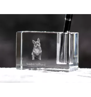 Schwedischer Vallhund, Västgötaspets, Westgotenspitz - Stifthalter, Kristallorganizer mit Hundefoto, einzigartige Schreibtischdekoration der Marke Art-Dog