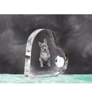 Schwedischer Vallhund, Västgötaspets, Westgotenspitz - Kristalluhr mit einem Hundebild, Herzregal-Uhr, personalisierte Standuhr der Marke Art-Dog