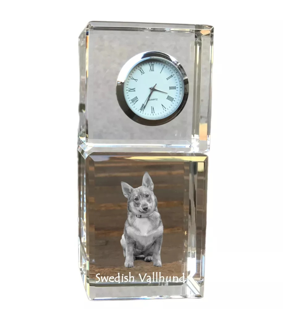 Schwedischer Vallhund, Västgötaspets, Westgotenspitz - Kristalluhr mit Foto, Hundebild im Kristall, personalisierte Schreibtischuhr von Art-Dog.