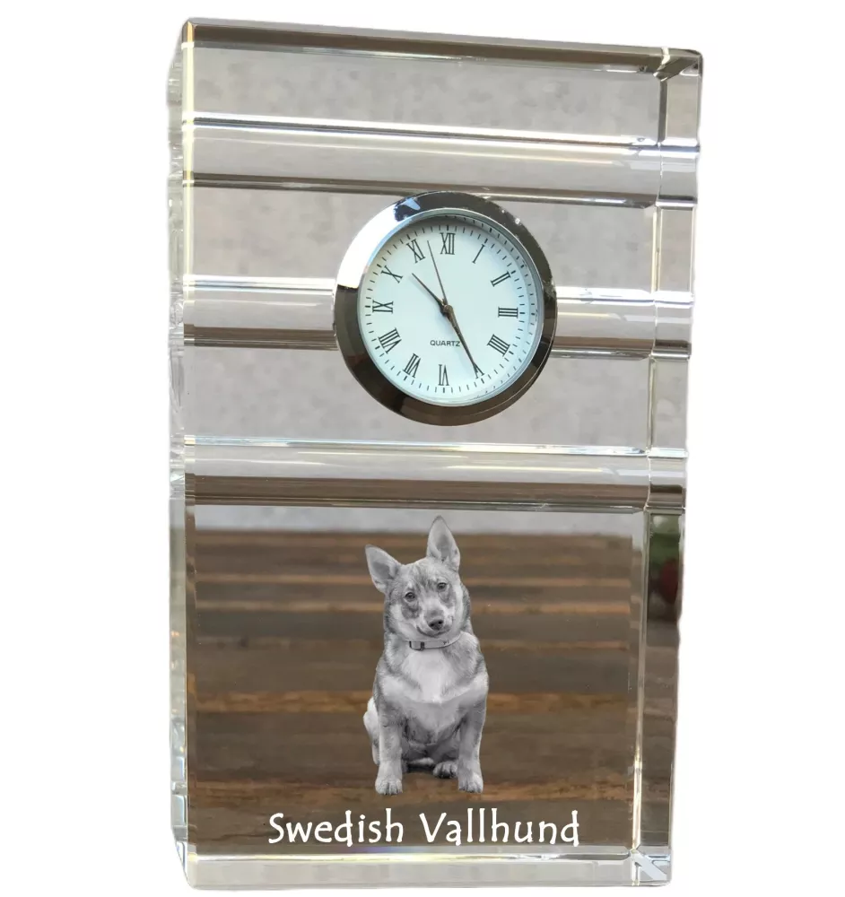 Schwedischer Vallhund, Västgötaspets, Westgotenspitz - Glasuhr mit Foto, Foto eines Hundes im Kristall, personalisierte Tischuhr für das Büro der Marke Art-Dog