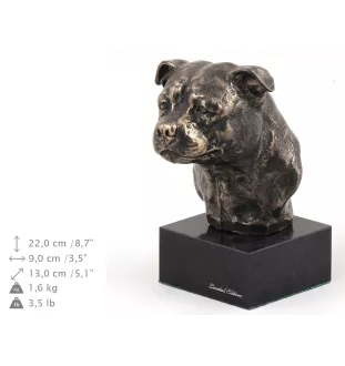 Staffordshire Bull Terrier, Staffordshire Bullterrier - Hundestatue, Büste auf Steinsockel, Skulptur, Trophäe für Hundeausstellung der Marke Art-Dog