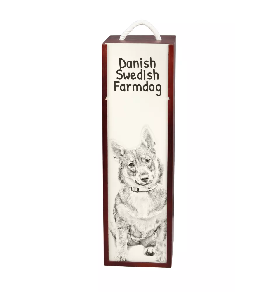 Schwedischer Vallhund, Västgötaspets, Westgotenspitz - Weinbox mit Hund, Alkoholbox mit Grafik, personalisierte Geschenkbox der Marke Art-Dog