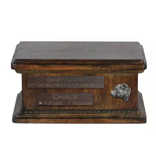 Staffordshire Bull Terrier, Staffy III - wooden urn for dog ashes, personalized urn with engraving, small urn for dog ashes from the Art-Dog brand