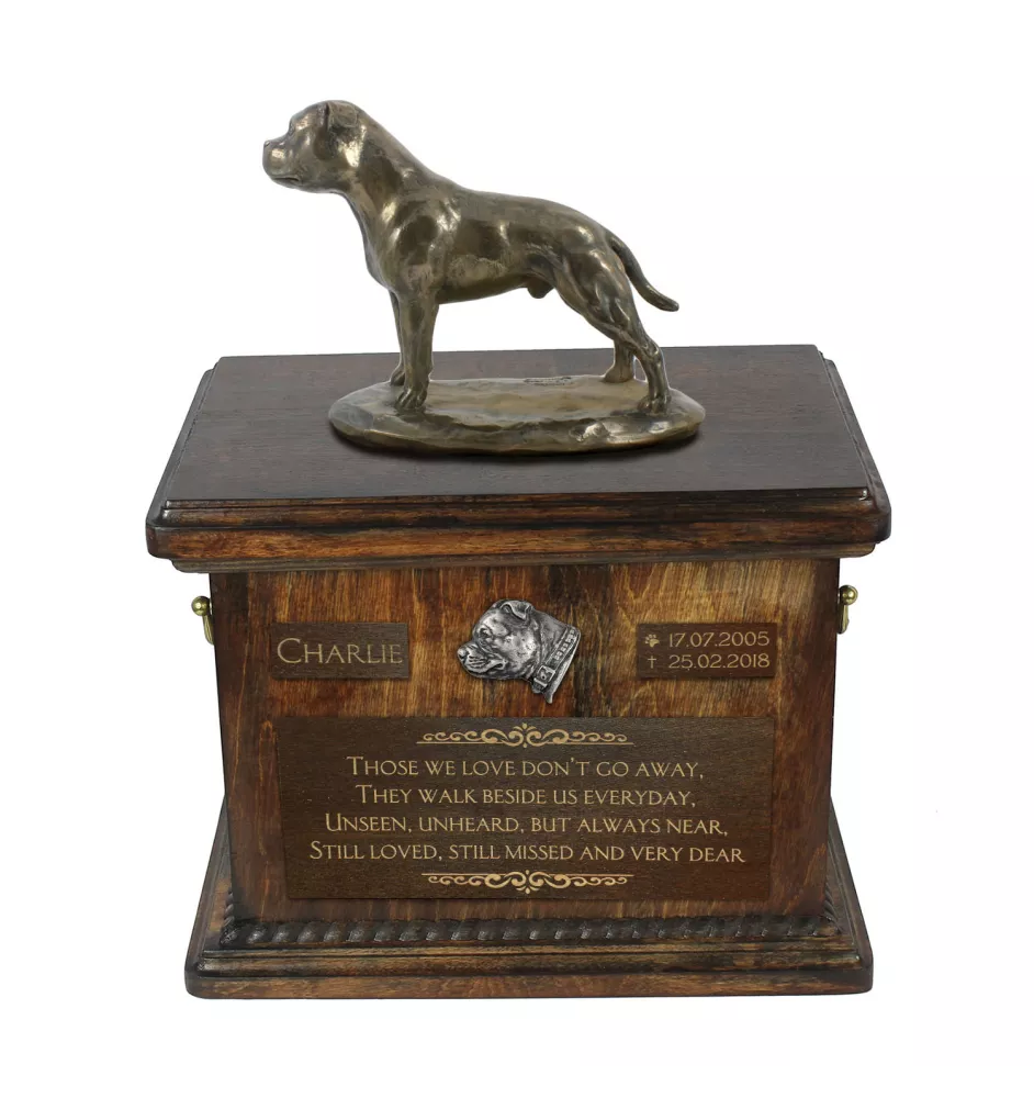 Staffordshire Bull Terrier, Staffy - urn for dog ashes, urn with a statuette, personalized urn for dog ashes by Art-Dog brand