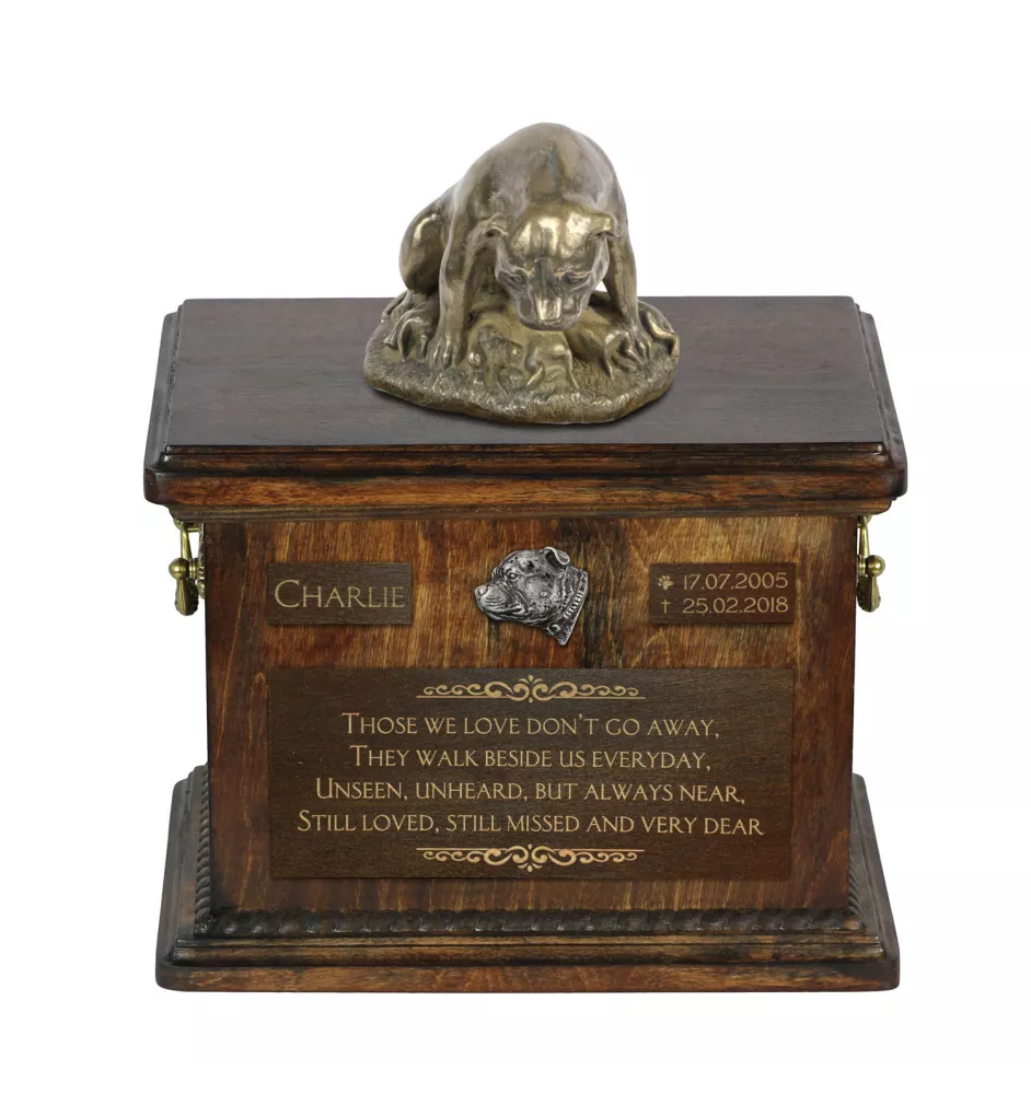 Staffordshire Bull Terrier, Staffy III - urn for dog ashes, urn with a statuette, personalized urn for dog ashes by Art-Dog brand