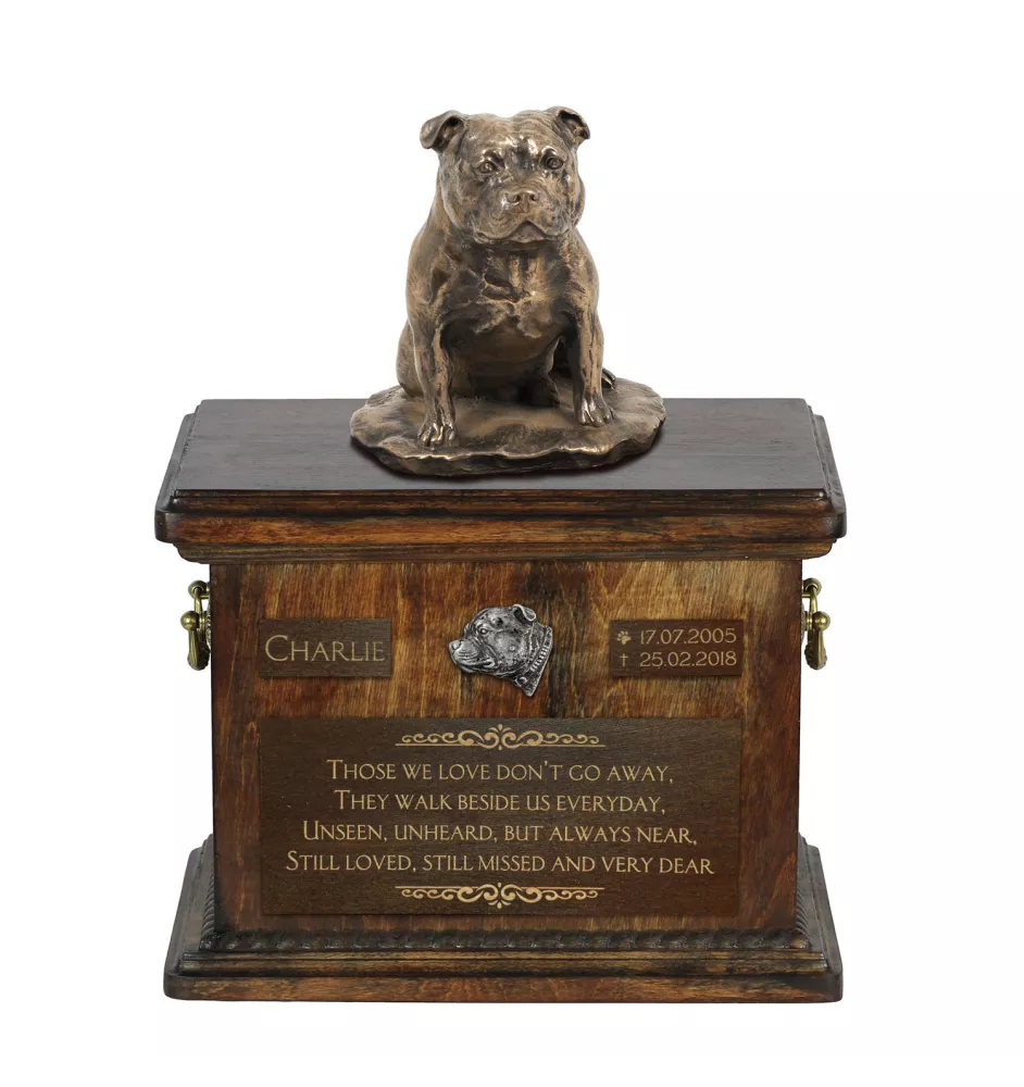Staffordshire Bull Terrier, Staffy V - urn for dog ashes, urn with a statuette, personalized urn for dog ashes by Art-Dog brand