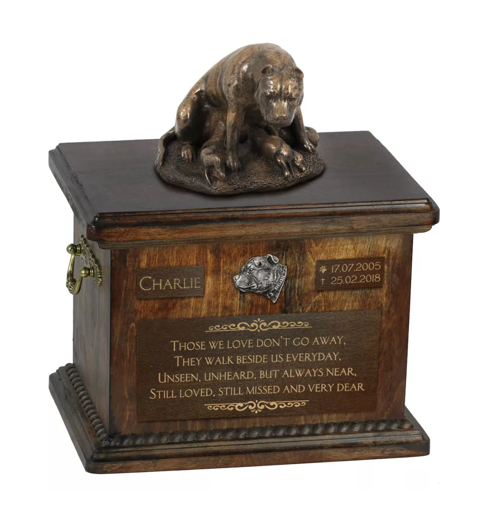 Staffordshire Bull Terrier, Staffy VIII - urn for dog ashes, urn with a statuette, personalized urn for dog ashes by Art-Dog brand