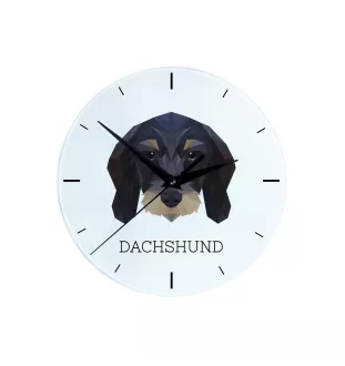 Drahthaariger Teckel - geometrische Wanduhr mit Bild und Aufschrift der Marke Art-Dog