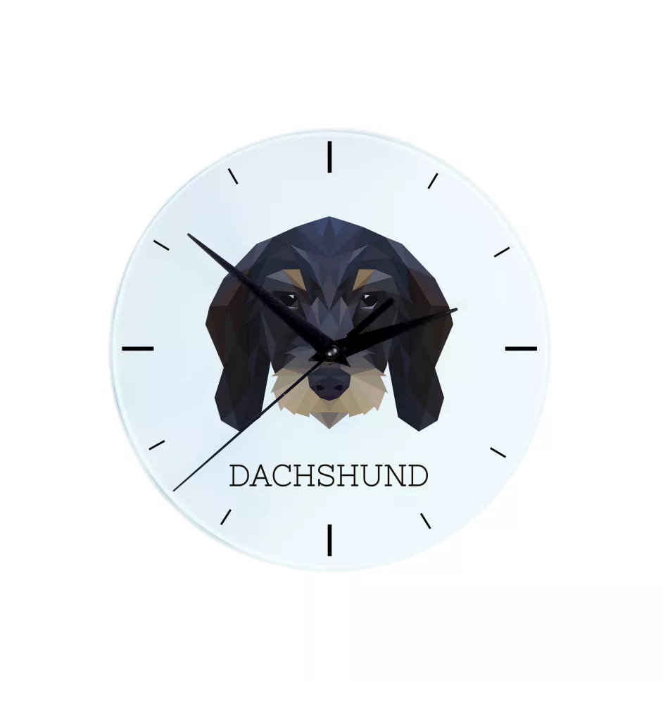 Drahthaariger Teckel - geometrische Wanduhr mit Bild und Aufschrift der Marke Art-Dog