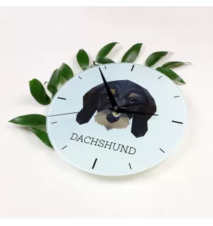 Drahthaariger Teckel - geometrische Wanduhr mit Bild und Aufschrift der Marke Art-Dog