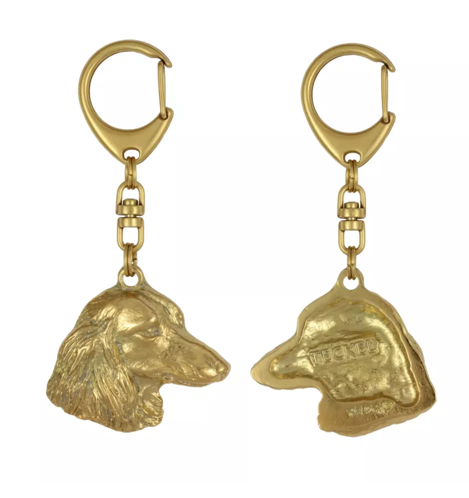 Teckel à poil dur, Chien-saucisse - Porte-clés doré avec chien dans boîte cadeau, décoration de sac à main, accessoire de luxe de la marque Art-Dog