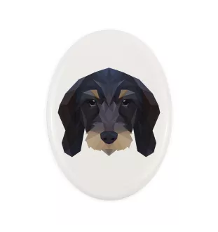 Drahthaariger Teckel - Fliese mit geometrischem Bild und Schriftzug der Marke Art-Dog