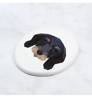 Drahthaariger Teckel - Fliese mit geometrischem Bild und Schriftzug der Marke Art-Dog