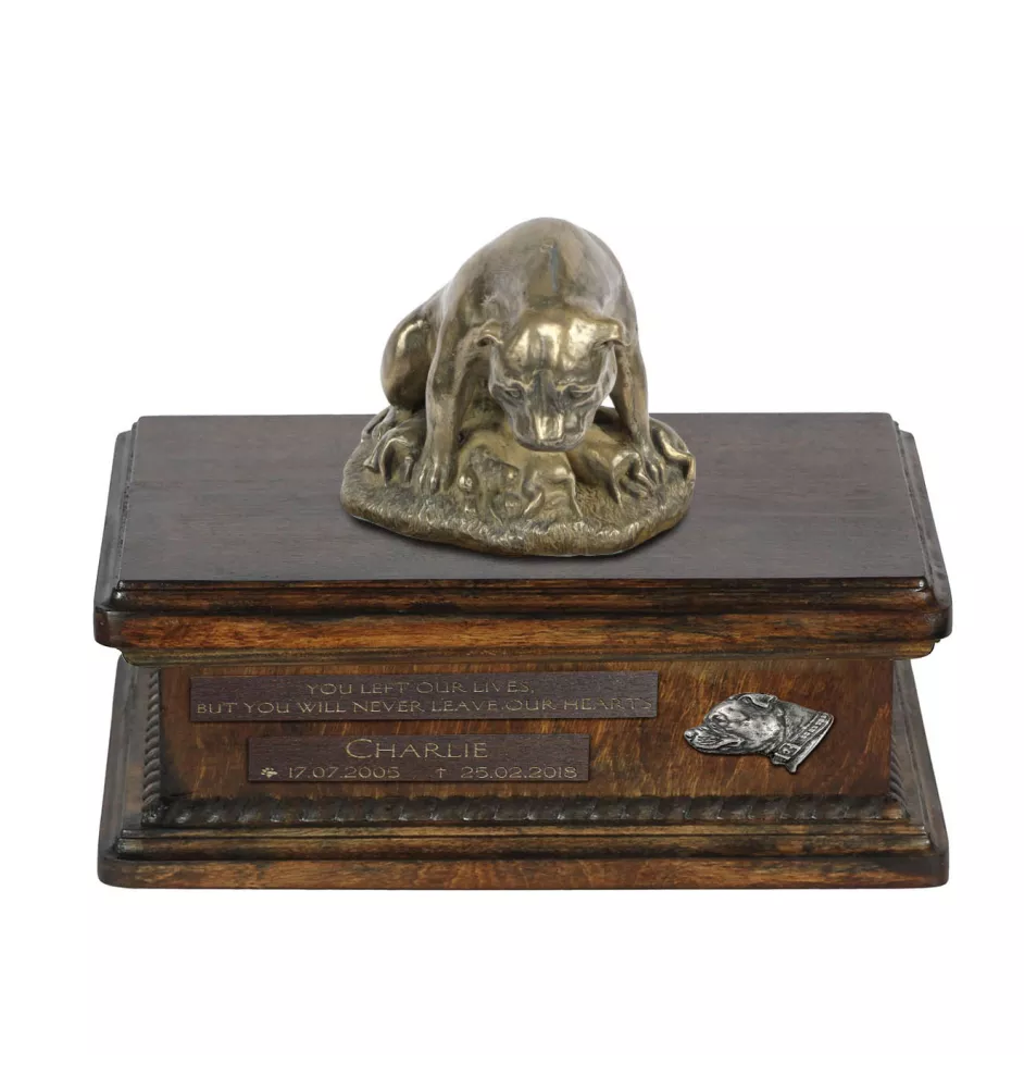 Staffordshire Bull Terrier, Staffordshire Bullterrier VI urne in Hundeasche, personalisierte Urne mit Statue, Holzurne mit Hund von Art-Dog