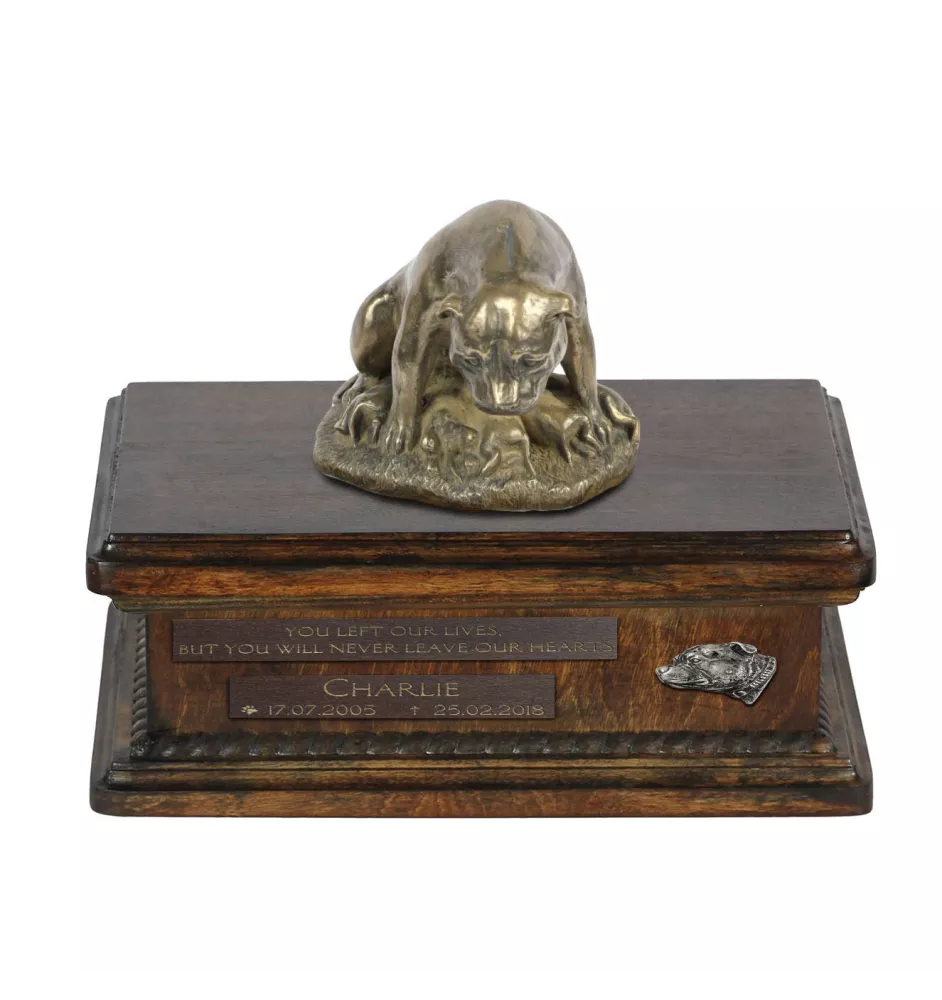 Staffordshire Bull Terrier, Staffy VII - urn for dog ashes, personalized urn with a statue, wooden urn with a dog by Art-Dog brand