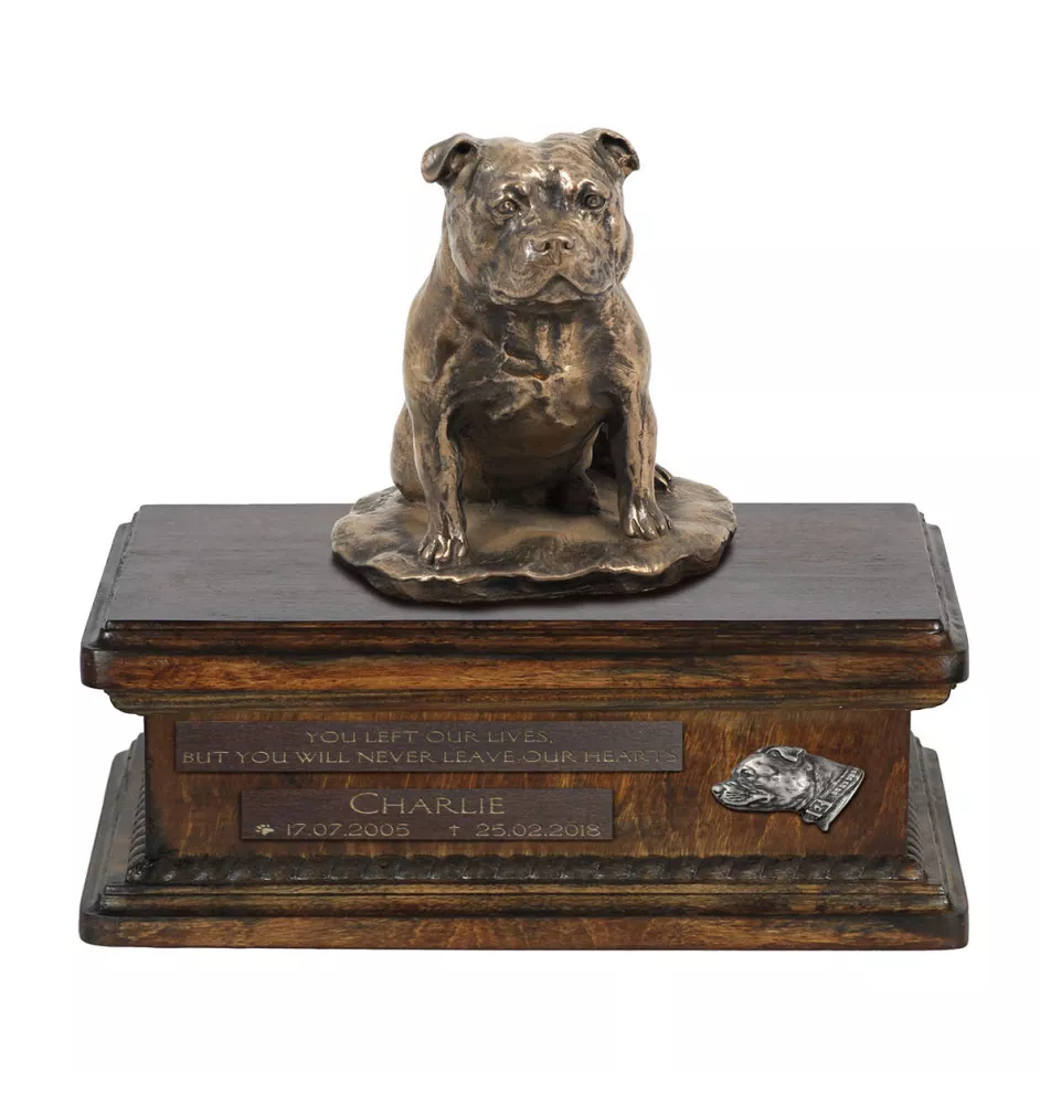 Staffordshire Bull Terrier, Staffy - urn for dog ashes, personalized urn with a statue, wooden urn with a dog by Art-Dog brand