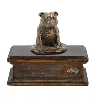 Staffordshire Bull Terrier, Staffy I - urn for dog ashes, personalized urn with a statue, wooden urn with a dog by Art-Dog brand