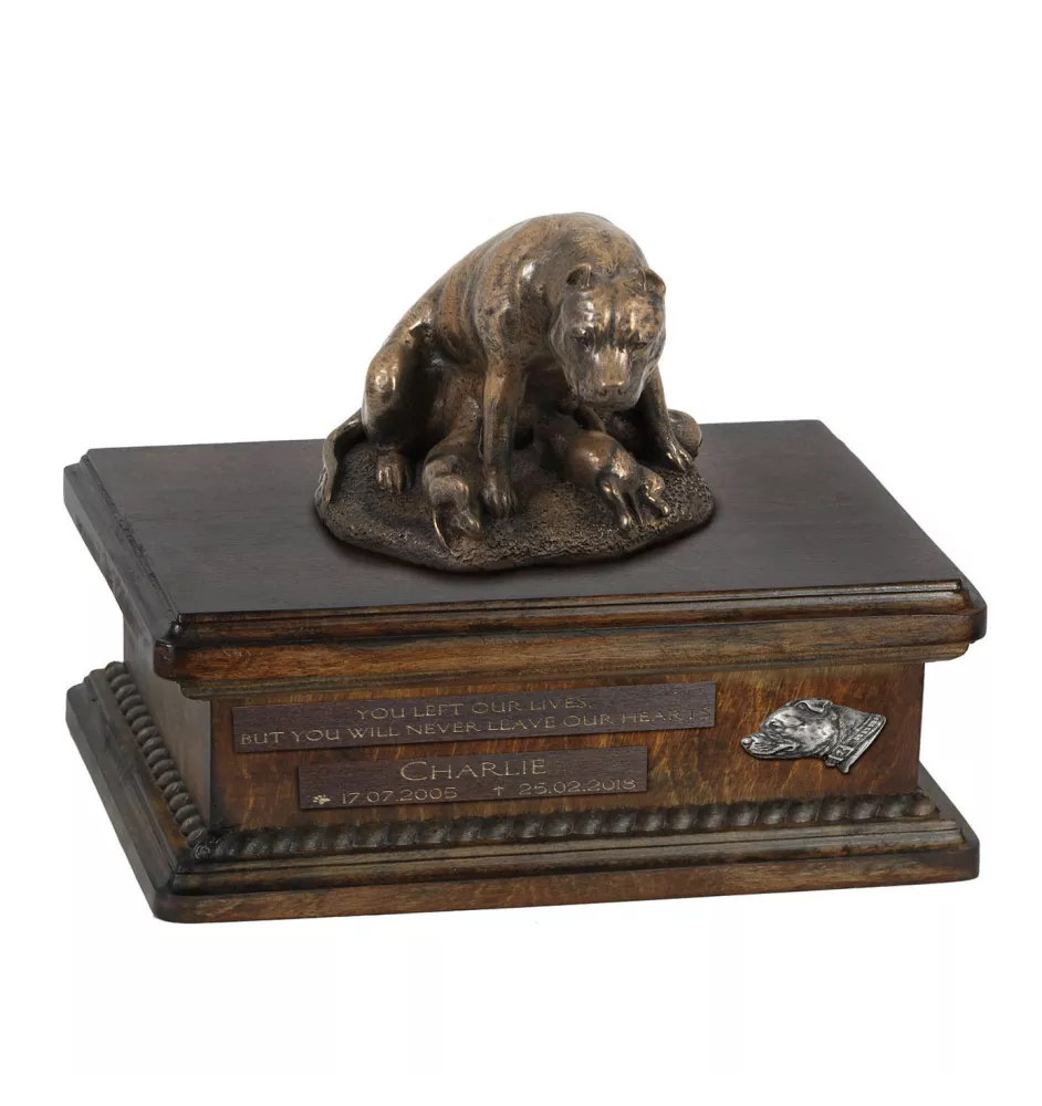 Staffordshire Bull Terrier, Staffy II - urn for dog ashes, personalized urn with a statue, wooden urn with a dog by Art-Dog brand