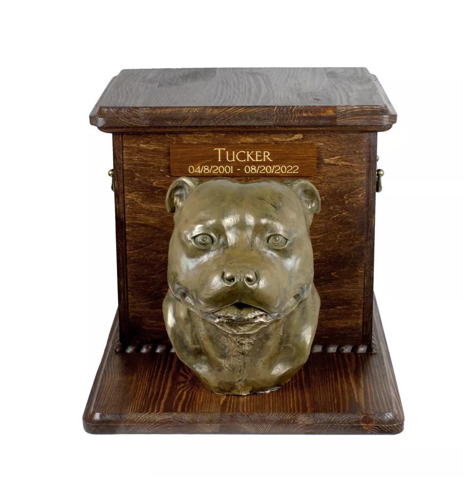 Staffordshire Bull Terrier, Staffy - large urn for dog ashes, wooden urn with dog head, box for dog ashes by Art-Dog brand