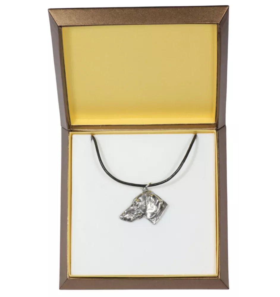 Dachshund Rauhhaar, Dackel, Teckel I - Hundehalsband in Geschenkbox, versilbertes Medaillon für Hundefans, markanter Anhänger der Marke Art-Dog
