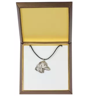 Dachshund Rauhhaar, Dackel, Teckel - Hundehalsband in Geschenkbox, versilbertes Medaillon für Hundefans, markanter Anhänger der Marke Art-Dog