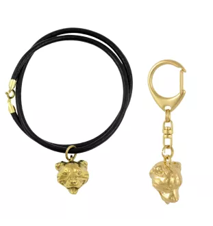 Staffordshire Bull Terrier, Staffie - porte-clés et collier avec chien dans une boîte, produit plaqué or de haute qualité, marque Art-Dog