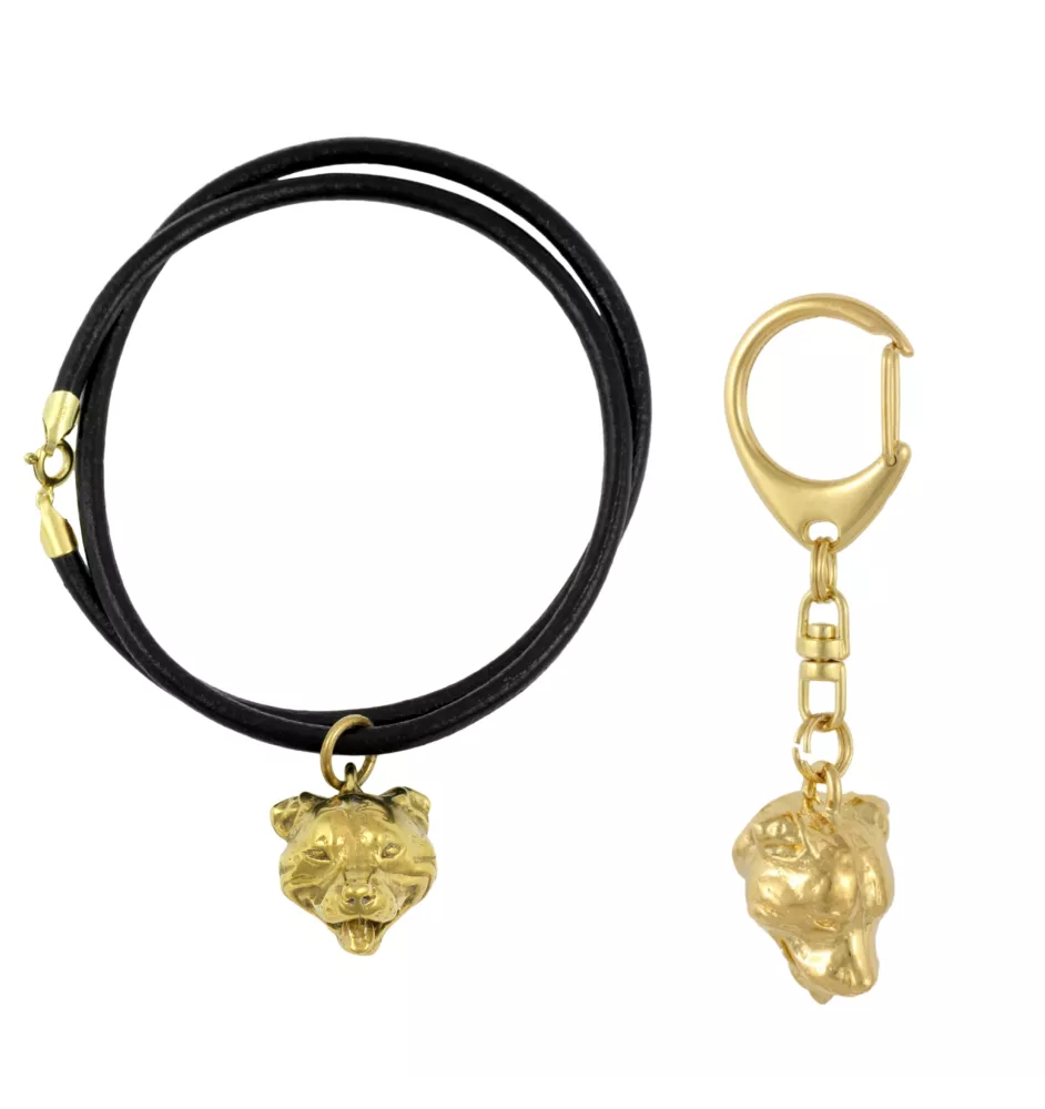 Staffordshire Bull Terrier, Staffordshire Bullterrier - Schlüsselanhänger und Halskette mit Hund in einer Box, vergoldetes Produkt von hoher Qualität, Marke Art-Dog