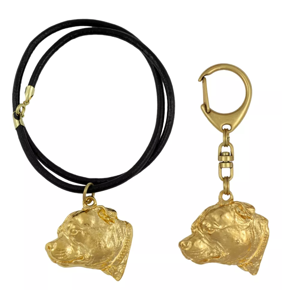 Staffordshire Bull Terrier, Staffie III - porte-clés et collier avec chien dans une boîte, produit plaqué or de haute qualité, marque Art-Dog