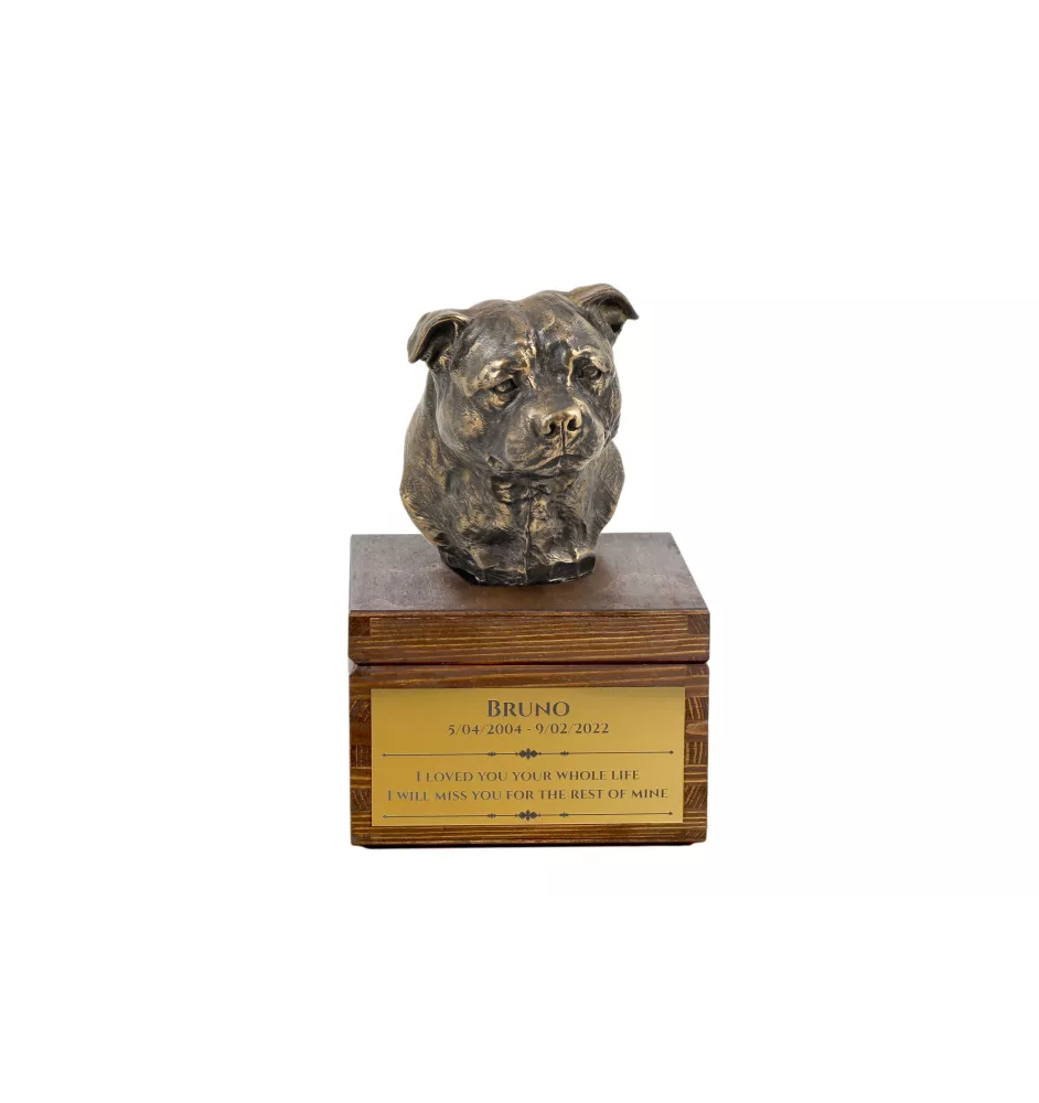 Staffordshire Bull Terrier, Staffy I - an urn with an engraving and a sculpture of a dog, a handmade product by the Art-Dog brand.