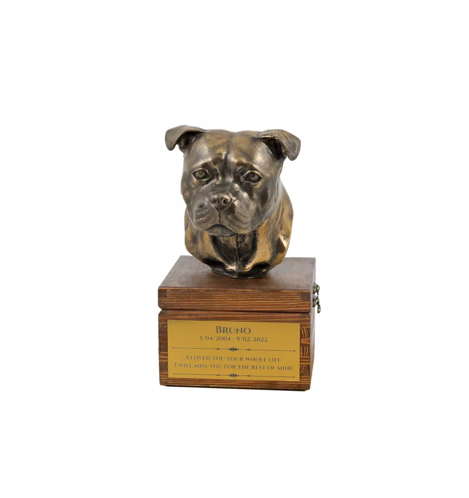 Staffordshire Bull Terrier, Staffy I - urn for dog ashes with a statuette, small urn for a dog, personalized urn with a bust of a dog by Art-Dog brand