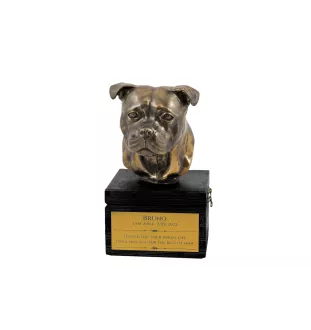 Staffordshire Bull Terrier, Staffy - an urn with an engraving and a sculpture of a dog, a handmade product by the Art-Dog brand.