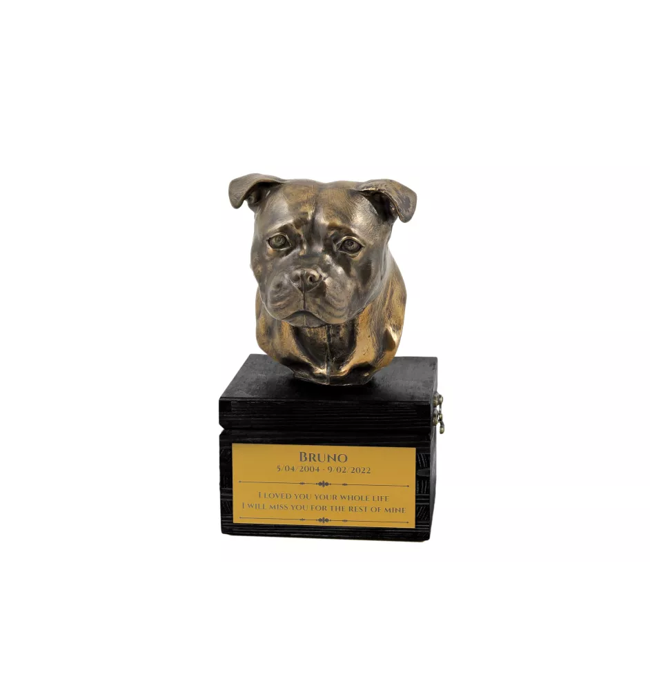 Staffordshire Bull Terrier, Staffy - an urn with an engraving and a sculpture of a dog, a handmade product by the Art-Dog brand.