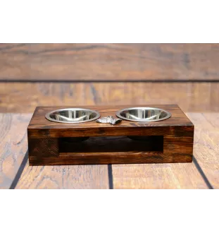 Staffordshire Bull Terrier, Staffy II - wooden stand with bowls for a dog, steel dog bowls, a gift for adopting a dog from the Art-Dog brand