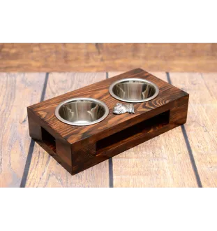 Staffordshire Bull Terrier, Staffy II - wooden stand with bowls for a dog, steel dog bowls, a gift for adopting a dog from the Art-Dog brand
