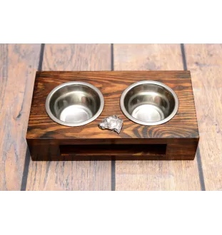 Staffordshire Bull Terrier, Staffy III - wooden stand with bowls for a dog, steel dog bowls, a gift for adopting a dog from the Art-Dog brand