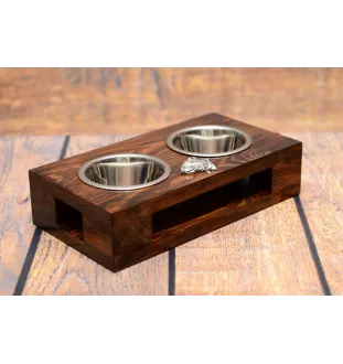Staffordshire Bull Terrier, Staffy III - wooden stand with bowls for a dog, steel dog bowls, a gift for adopting a dog from the Art-Dog brand