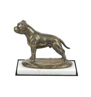 Staffordshire Bull Terrier, Staffy III - dog figurine, statue on white marble, trophy for Art-Dog dog show exhibition