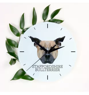 Staffordshire Bull Terrier, Staffordshire Bullterrier - geometrische Wanduhr mit Bild und Aufschrift der Marke Art-Dog