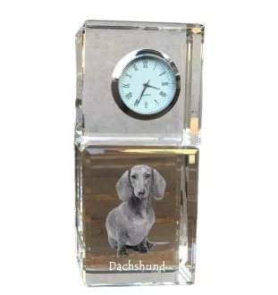 Teckel à poil dur, Chien-saucisse - montre en cristal avec photo, photo de chien dans un cristal, horloge de bureau personnalisée de la marque Art-Dog