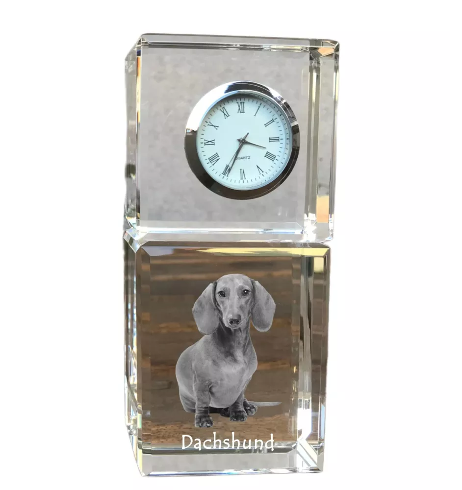 Teckel à poil dur, Chien-saucisse - montre en cristal avec photo, photo de chien dans un cristal, horloge de bureau personnalisée de la marque Art-Dog