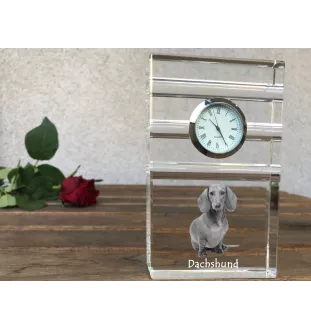 Dachshund Wire-haired, Wiener dog, Badger dog - glass clock with a photo, photo of a dog in crystal, personalized standing office clock by Art-Dog brand